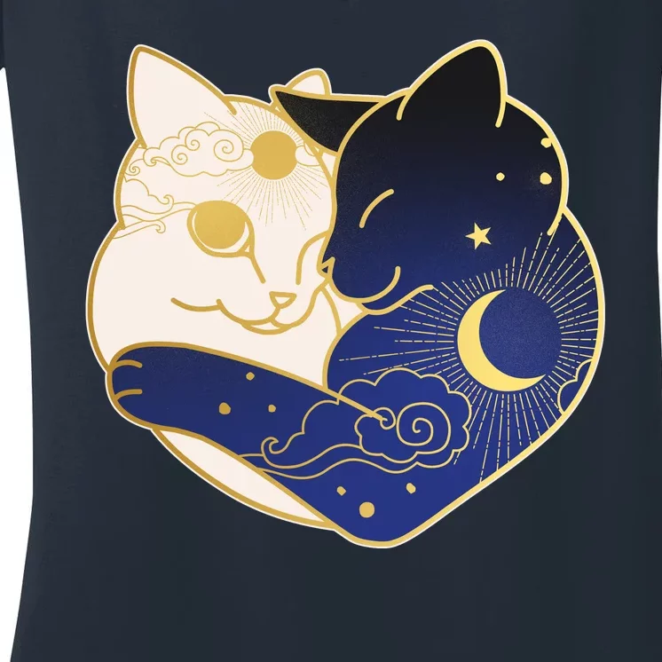 Sun and Moon Yin and Yang Cats Women's V-Neck T-Shirt