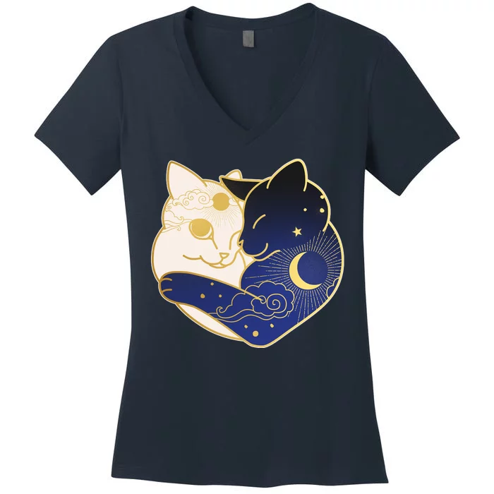 Sun and Moon Yin and Yang Cats Women's V-Neck T-Shirt