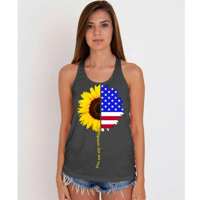 Sunflower American Flag You Are My Sunshine Women's Knotted Racerback Tank