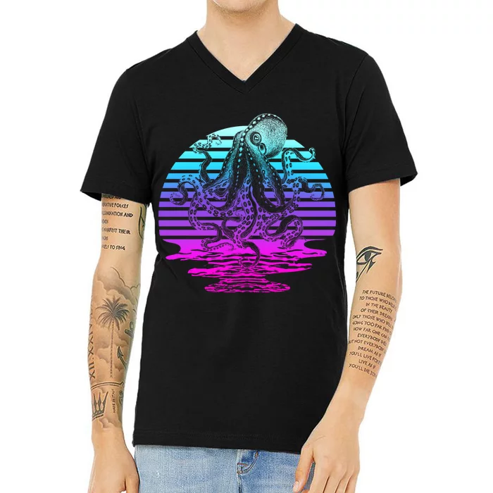 Sunrise Octopus Vaporwave V-Neck T-Shirt