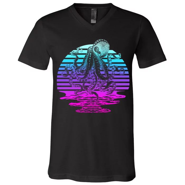 Sunrise Octopus Vaporwave V-Neck T-Shirt