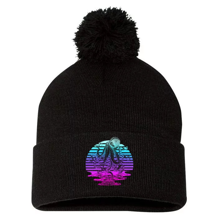 Sunrise Octopus Vaporwave Pom Pom 12in Knit Beanie