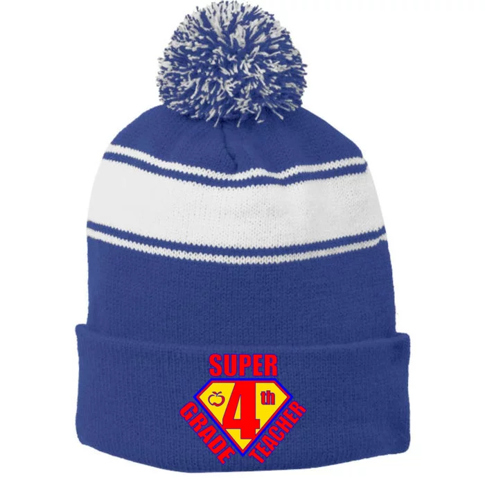 Super 4th Grade Teacher Stripe Pom Pom Beanie