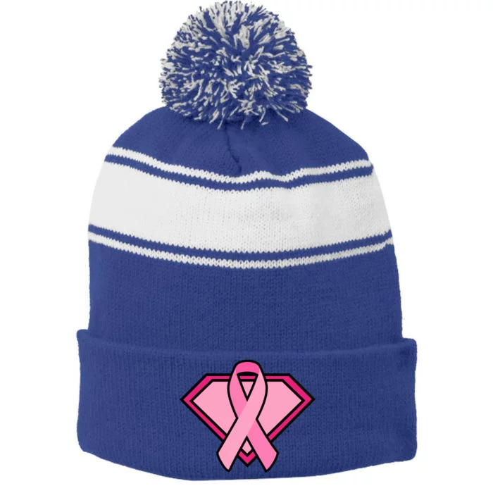 Super Breast Cancer Superhero Stripe Pom Pom Beanie