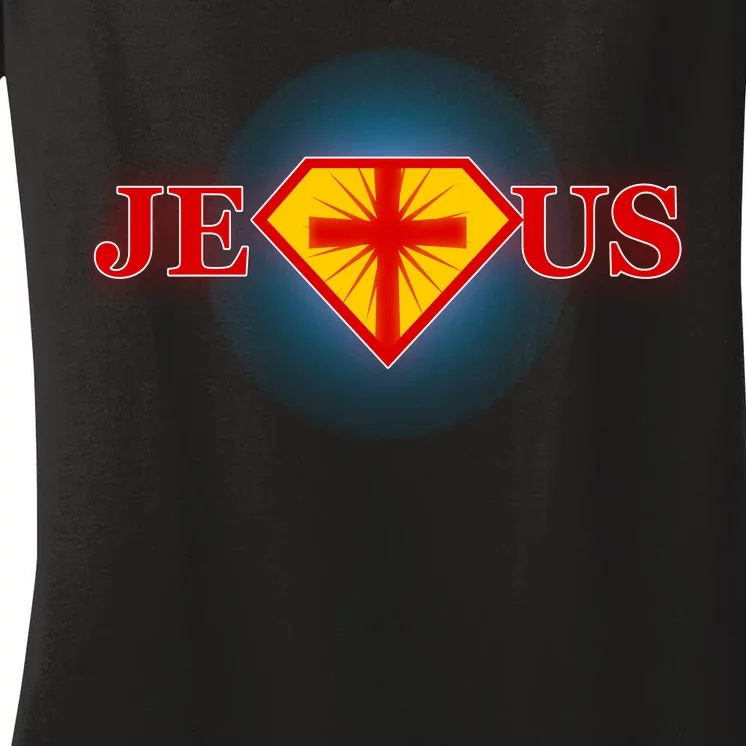 Super Jesus Superhero Comic Logo Women's V-Neck T-Shirt