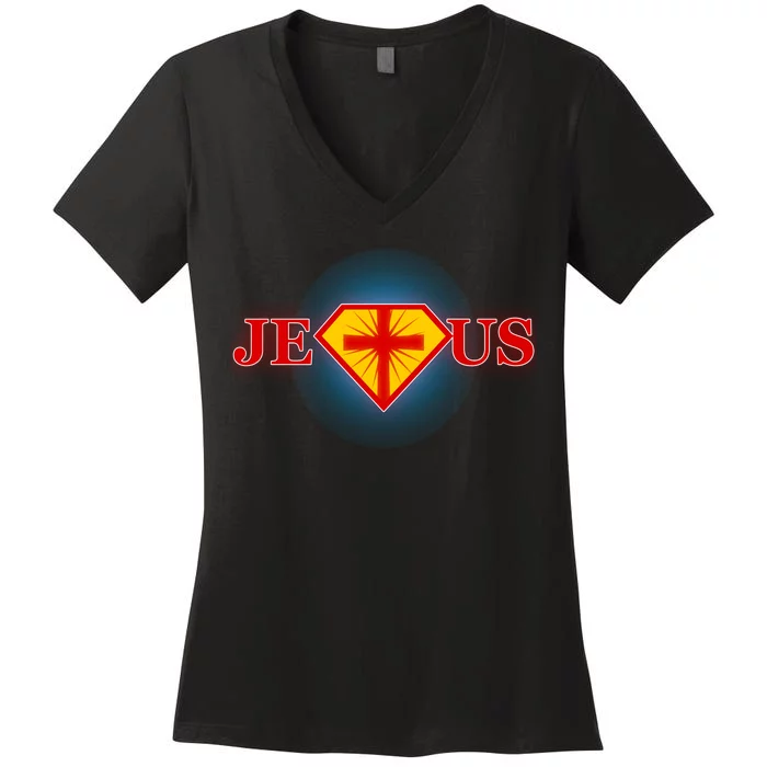 Super Jesus Superhero Comic Logo Women's V-Neck T-Shirt