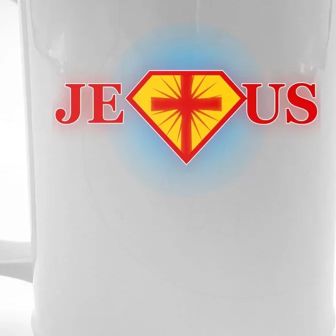 Super Jesus Superhero Comic Logo Front & Back Beer Stein