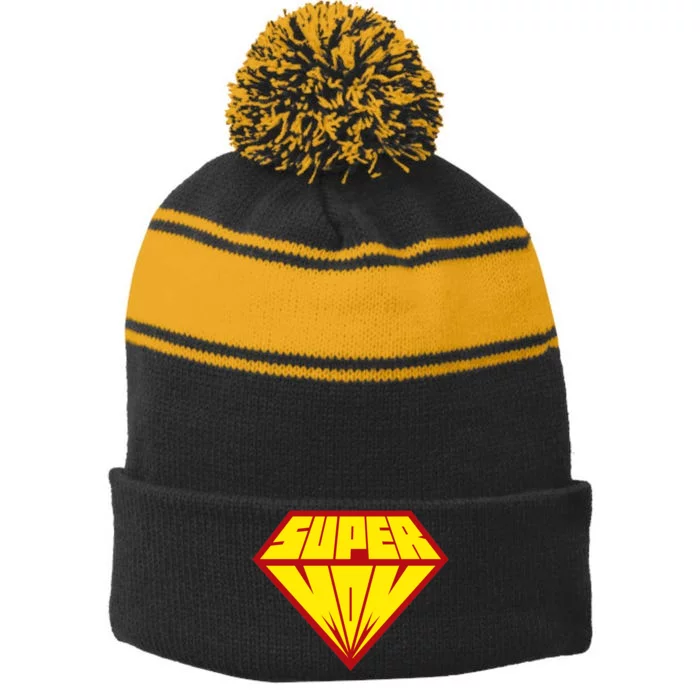 Super Mom Comic Superhero Stripe Pom Pom Beanie