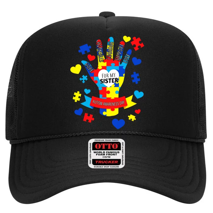 Support Autism Awareness Day For My Sister High Crown Mesh Trucker Hat