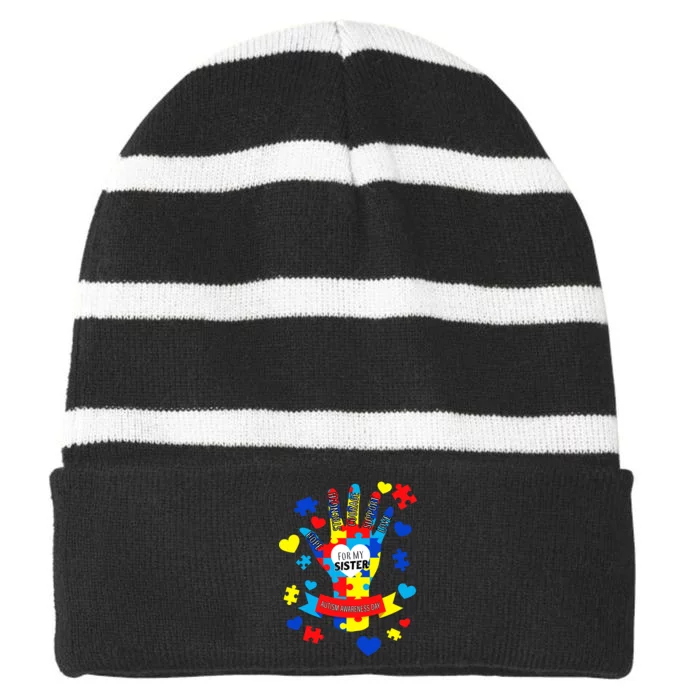 Support Autism Awareness Day For My Sister Striped Beanie with Solid Band