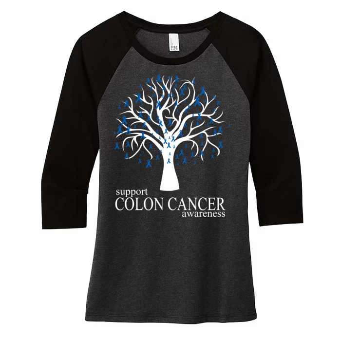 Support Colon Cancer Awareness Ribbon Tree Women's Tri-Blend 3/4-Sleeve Raglan Shirt