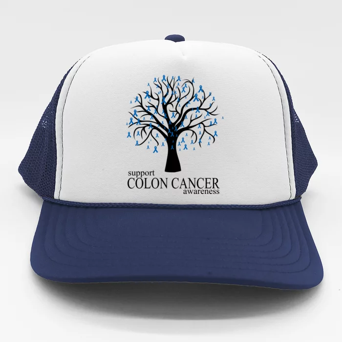 Support Colon Cancer Awareness Ribbon Tree Trucker Hat