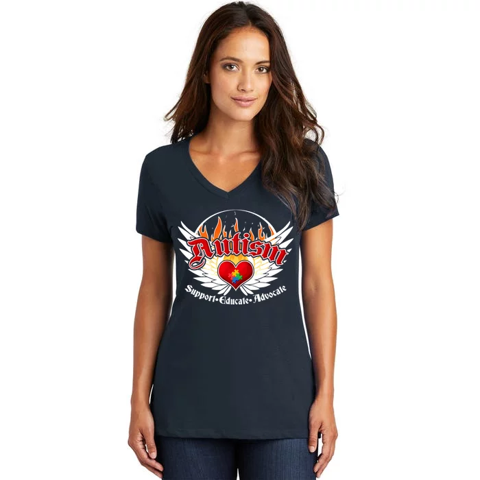 Support Educate Advocate - Autism Flames Women's V-Neck T-Shirt