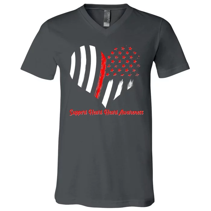 Support Heart Health Awareness - American US Flag V-Neck T-Shirt