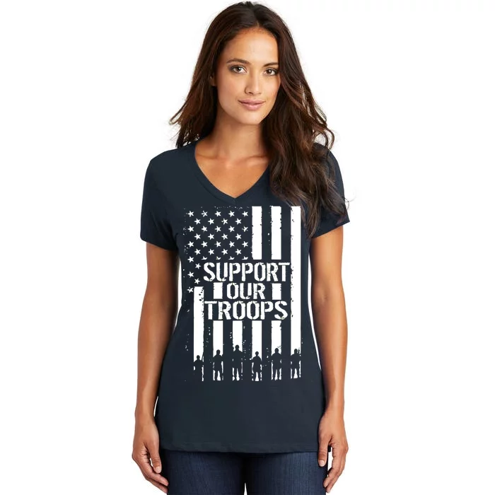 Support Our Troops Distressed American Flag Women's V-Neck T-Shirt