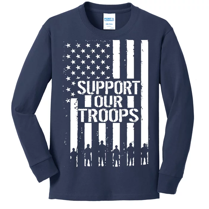 Support Our Troops Distressed American Flag Kids Long Sleeve Shirt