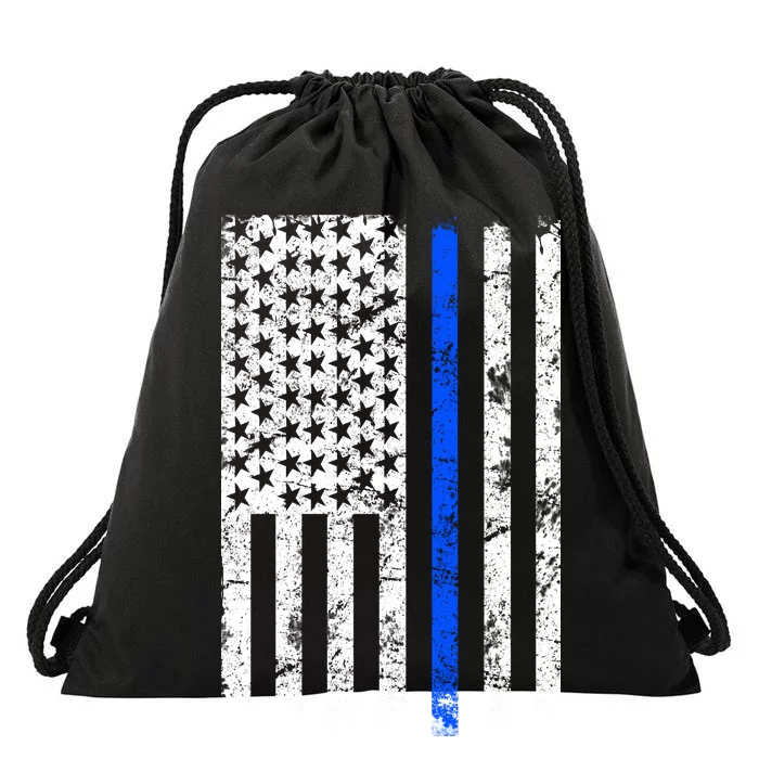 Support Police Blue Thin Line American Flag Drawstring Bag