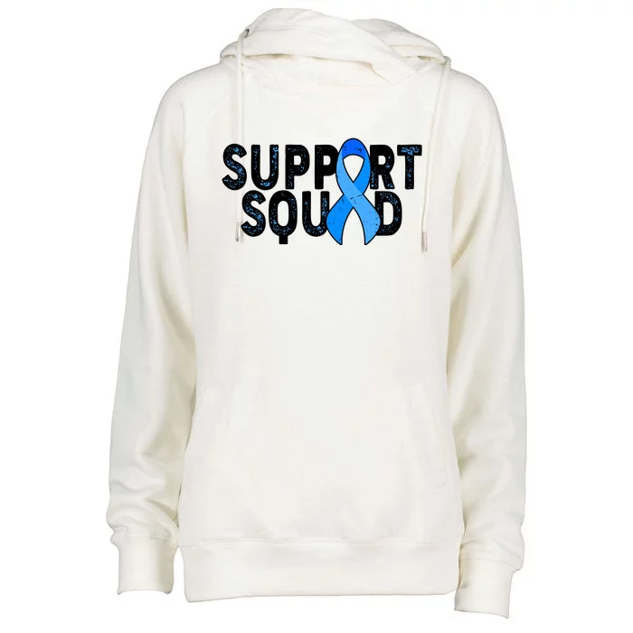 Support Squad Colon Cancer Awareness Blue Ribbon Womens Funnel Neck Pullover Hood