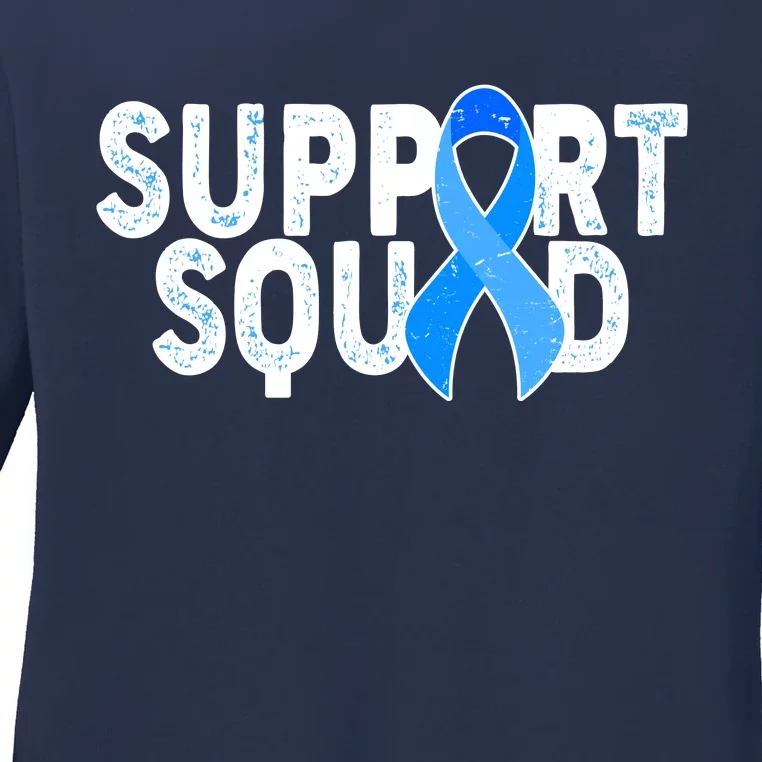 Support Squad Colon Cancer Awareness Blue Ribbon Ladies Long Sleeve Shirt