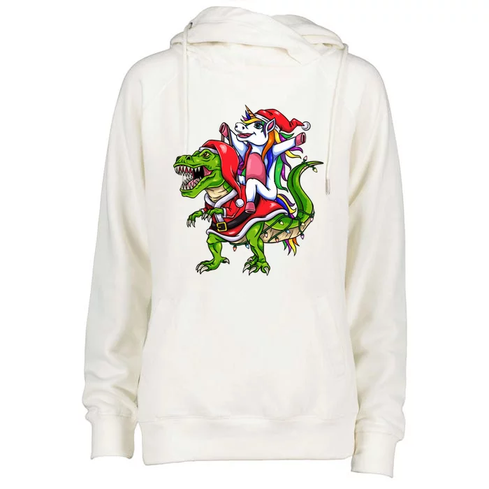 Santa Unicorn Riding Christmas Dinosaur Meaningful Gift Womens Funnel Neck Pullover Hood