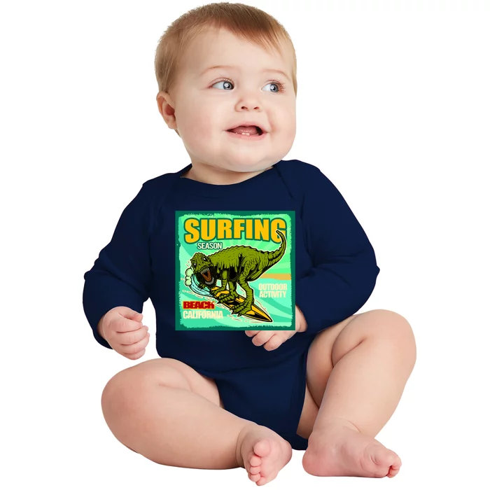 Surfing T-Rex Baby Long Sleeve Bodysuit