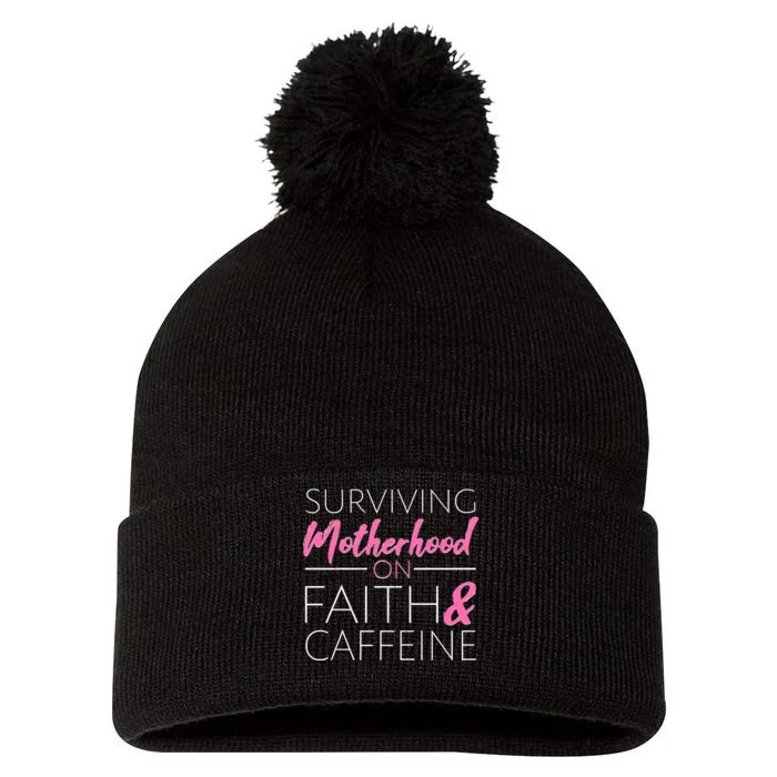 Surviving Motherhood on Faith and Caffeine Pom Pom 12in Knit Beanie