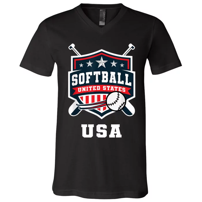 Softball USA Support The Team USA Flag V-Neck T-Shirt