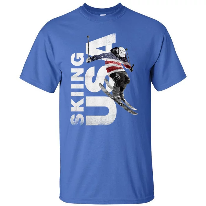 Skiing Usa Support The Team Cool Gift Usa Flag Ski Funny Gift Tall T-Shirt