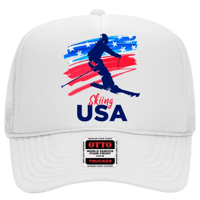 Skiing USA Support The Team USA Flag Ski Winter High Crown Mesh Trucker Hat