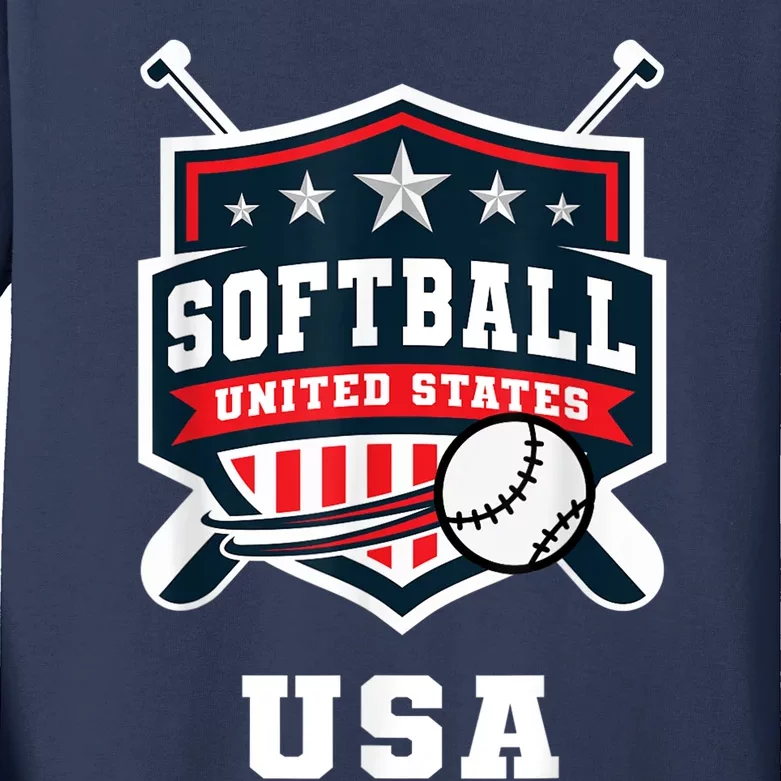 Softball USA Support the Team Shirt USA Flag Kids Long Sleeve Shirt