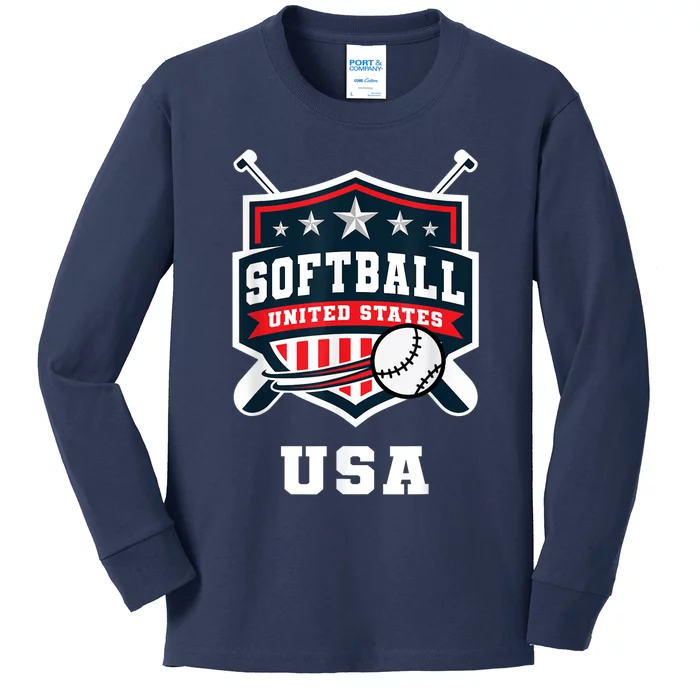 Softball USA Support the Team Shirt USA Flag Kids Long Sleeve Shirt