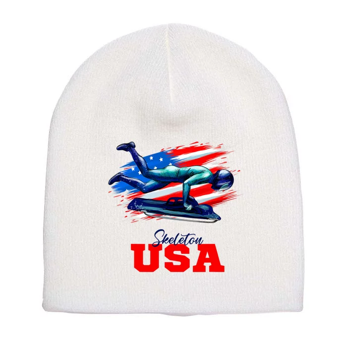 Skeleton Usa Team American Flag Skeleton Lover Athlete Short Acrylic Beanie