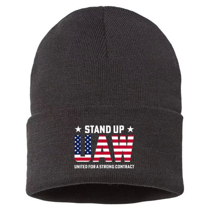 Stand Up UAW United For a Strong Contract Angry Union Worker Sustainable Knit Beanie