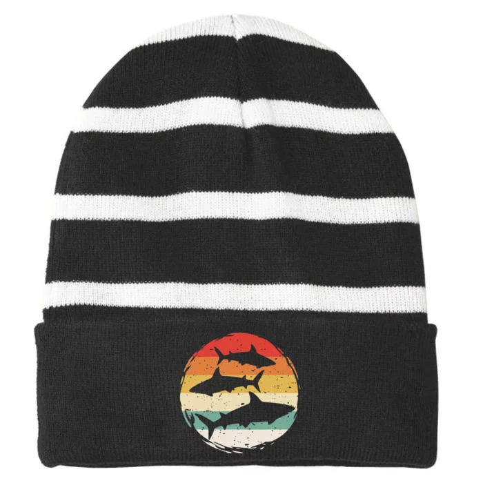 Sharks Vintage 80s Retro Clothes Shark Party In The Sea Striped Beanie with Solid Band