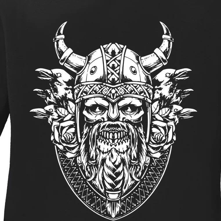 Skull Viking And Raven And Viking Helmet Ladies Long Sleeve Shirt