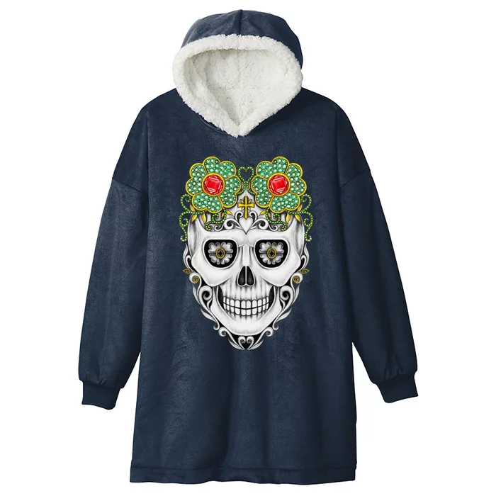 Sugarskull Vintage Art Set With Sapphire And Black Diamond Design Day Of The Dea Hooded Wearable Blanket