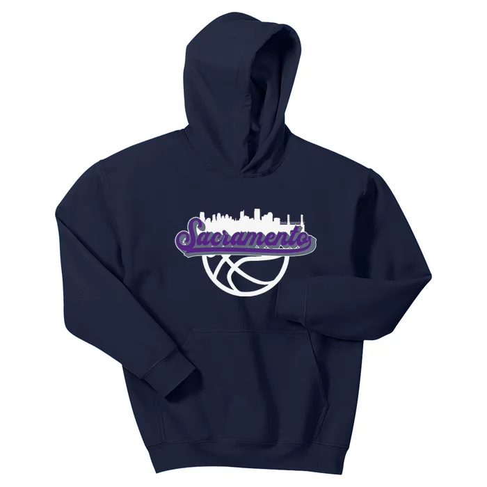 Sacramento Vintage Basketball Script City Skyline Fan Kids Hoodie