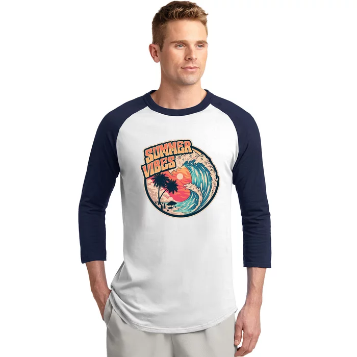 Summer Vibes Beach Sunset Palms Ocean Big Wave Surfing Baseball Sleeve Shirt