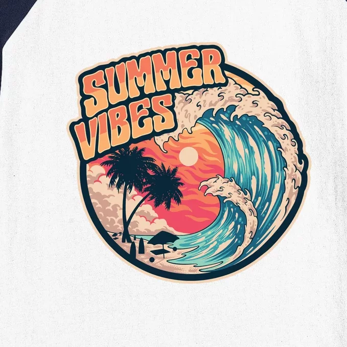 Summer Vibes Beach Sunset Palms Ocean Big Wave Surfing Baseball Sleeve Shirt