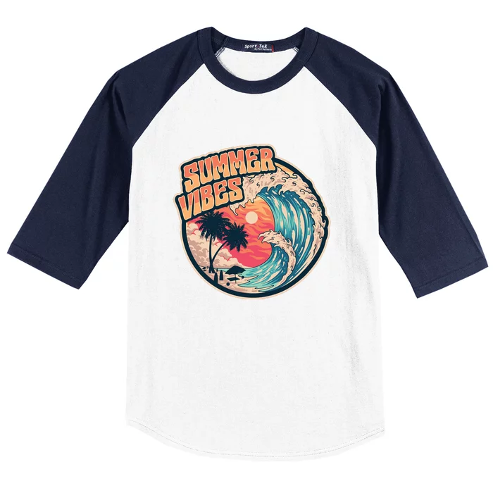 Summer Vibes Beach Sunset Palms Ocean Big Wave Surfing Baseball Sleeve Shirt