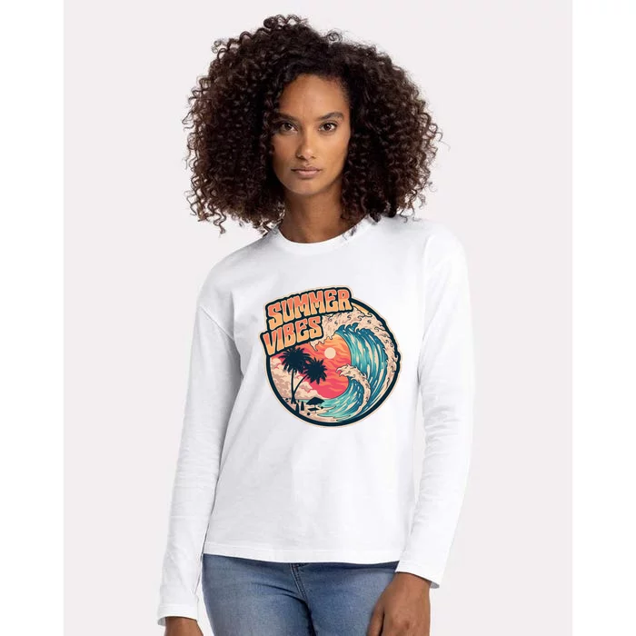 Summer Vibes Beach Sunset Palms Ocean Big Wave Surfing Womens Cotton Relaxed Long Sleeve T-Shirt