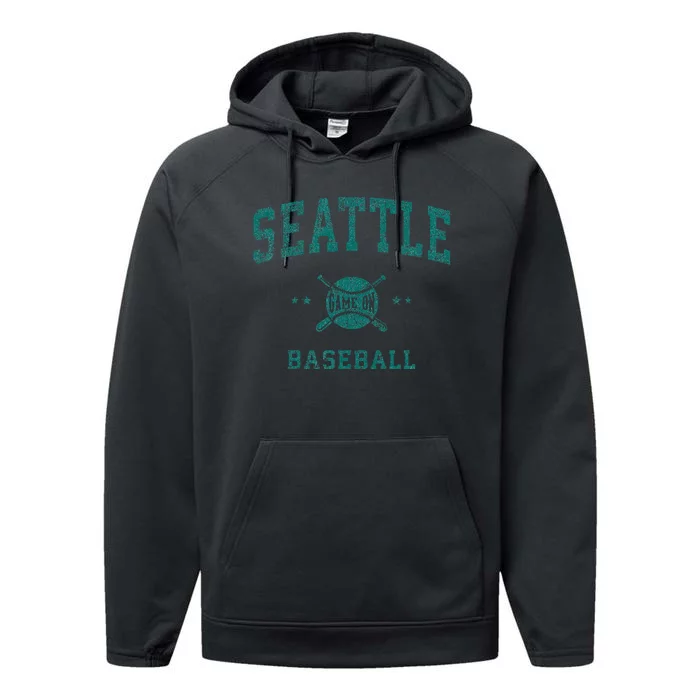 Seattle Vintage Baseball Throwback Retro Design Performance Fleece Hoodie