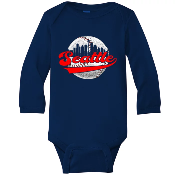 Seattle Vintage Baseball Lover Retro Game Day Dad Mom Meaningful Gift Baby Long Sleeve Bodysuit