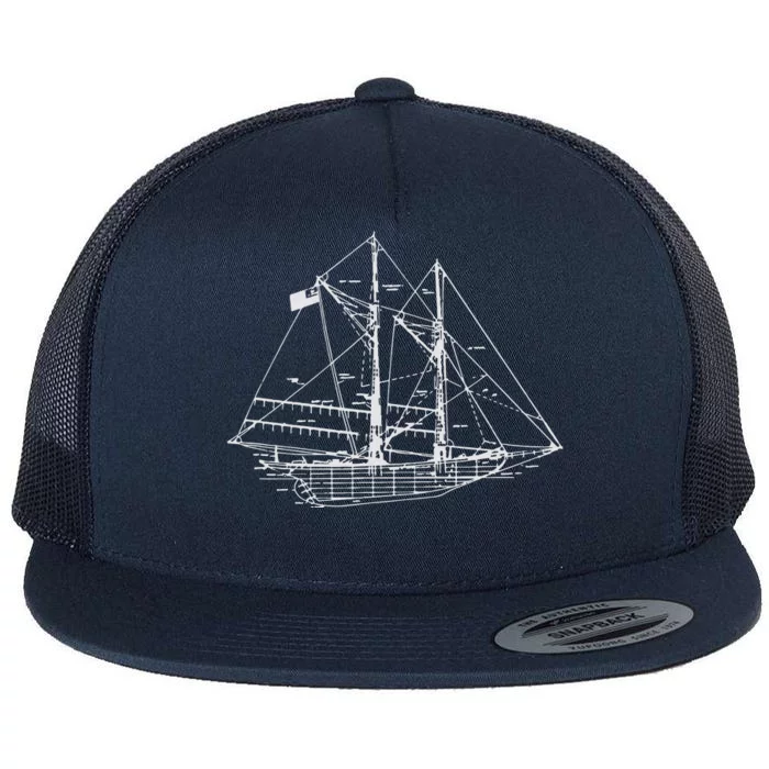 Sailing Vintage Blueprint Sailboat Yachting Vacation Flat Bill Trucker Hat