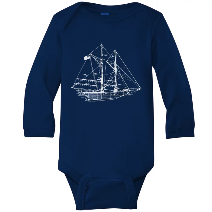 Sailing Vintage Blueprint Sailboat Yachting Vacation Baby Long Sleeve Bodysuit