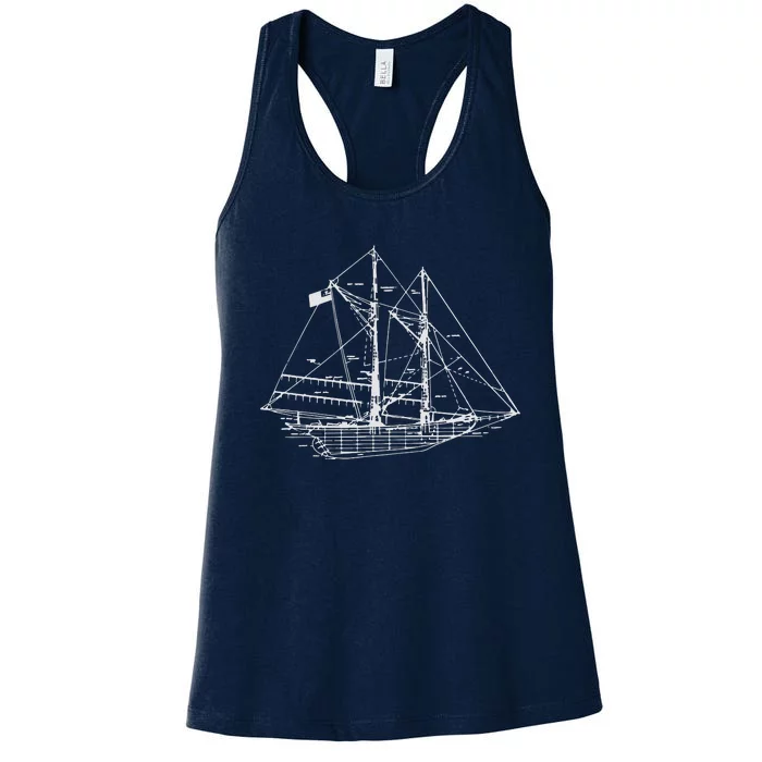 Sailing Vintage Blueprint Sailboat Yachting Vacation Women's Racerback Tank