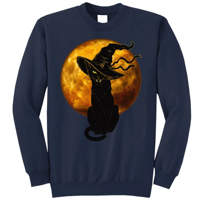 Scary Vintage Black Cat With Witch Hat Full Moon Halloween Tall Sweatshirt