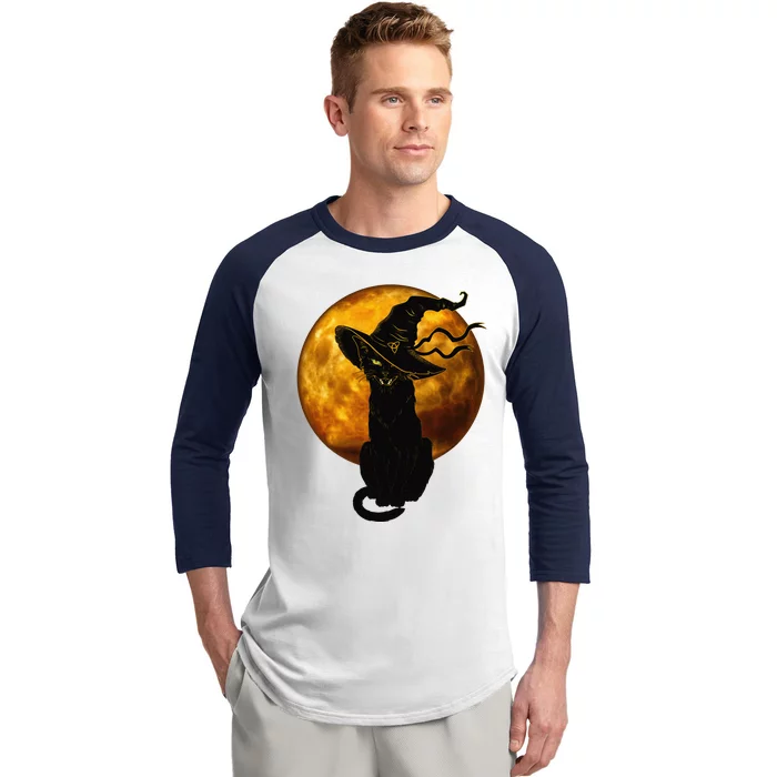 Scary Vintage Black Cat With Witch Hat Full Moon Halloween Baseball Sleeve Shirt