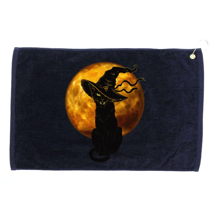 Scary Vintage Black Cat With Witch Hat Full Moon Halloween Grommeted Golf Towel