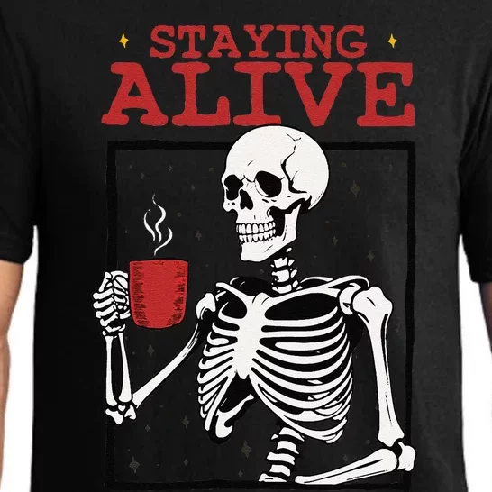 Spooky Vibe Coffee Skeleton Halloween Staying Alive Meme Pajama Set